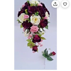 2 Pcs set, Burgundy Cascading Wedding Bouquet and Boutonnière